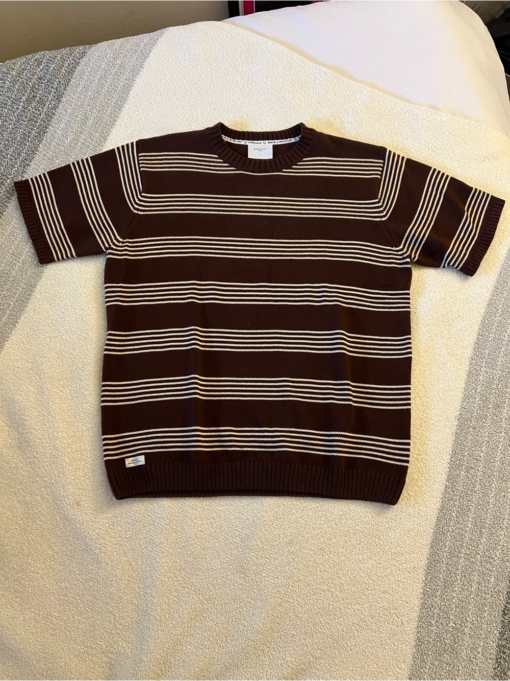 Percival Men’s Knit T Shirt L Brown Ecru Stripe 100% Cotton